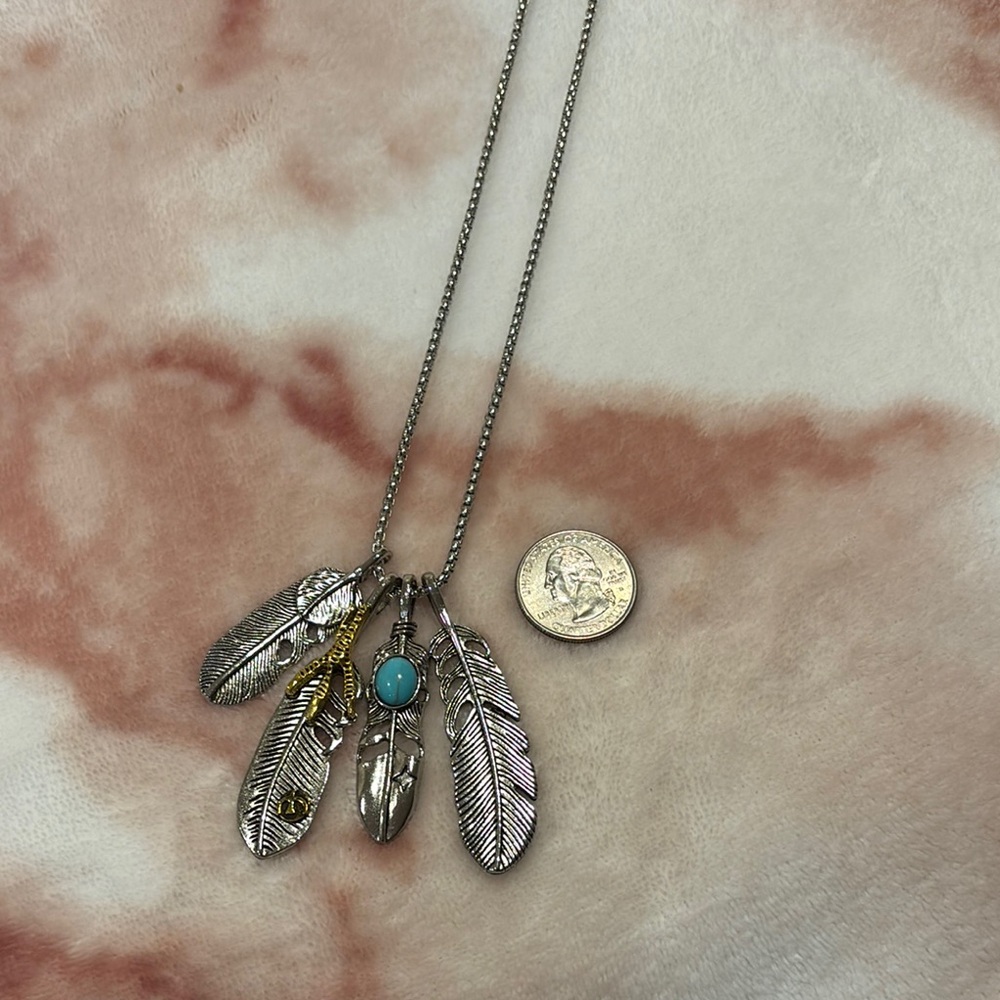 Silver Feather 4 Charm Pendant Necklace with Faux Turquoise and Gold Accents NWT - Picture 7 of 15